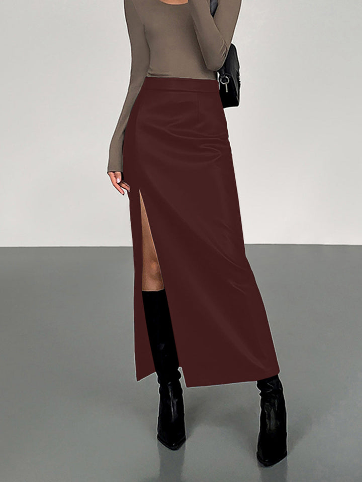 Side Split PU Leather Midi Skirt  Liora Lane Boutique Skirts Burgundy / XL 38.00