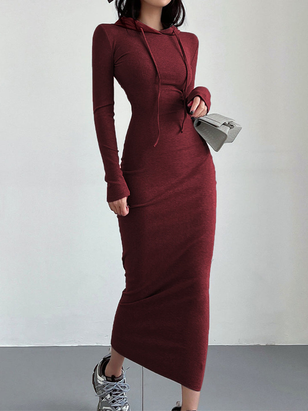 Drop Shoulder Drawstring Hooded Dress  Liora Lane Boutique Dresses Burgundy / XL 121.99