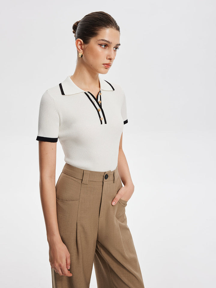 Contrast Trim Metal Button Knit Top  Liora Lane Boutique Knit Tops White / XL 35.00