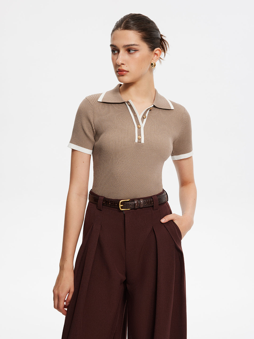 Contrast Trim Metal Button Knit Top  Liora Lane Boutique Knit Tops