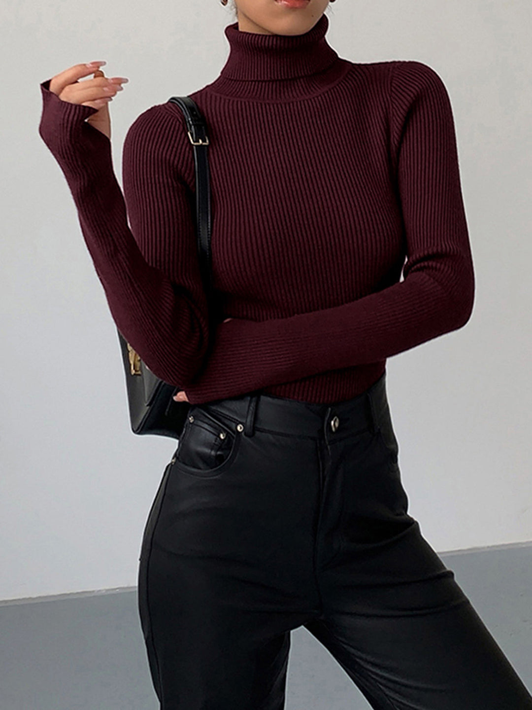 Minimalist Turtleneck Slim Knit Top  Liora Lane Boutique Knit Tops Burgundy / XL 39.00