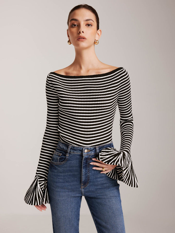 Striped Ruffle-Sleeve Knit Top  Liora Lane Boutique Knit Tops