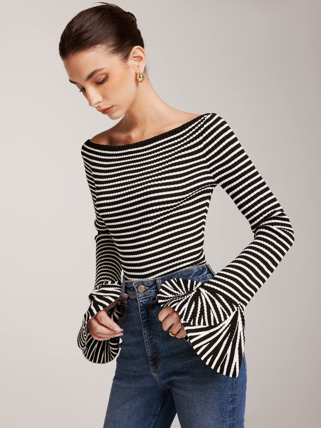 Striped Ruffle-Sleeve Knit Top  Liora Lane Boutique Knit Tops Black / XL 52.00