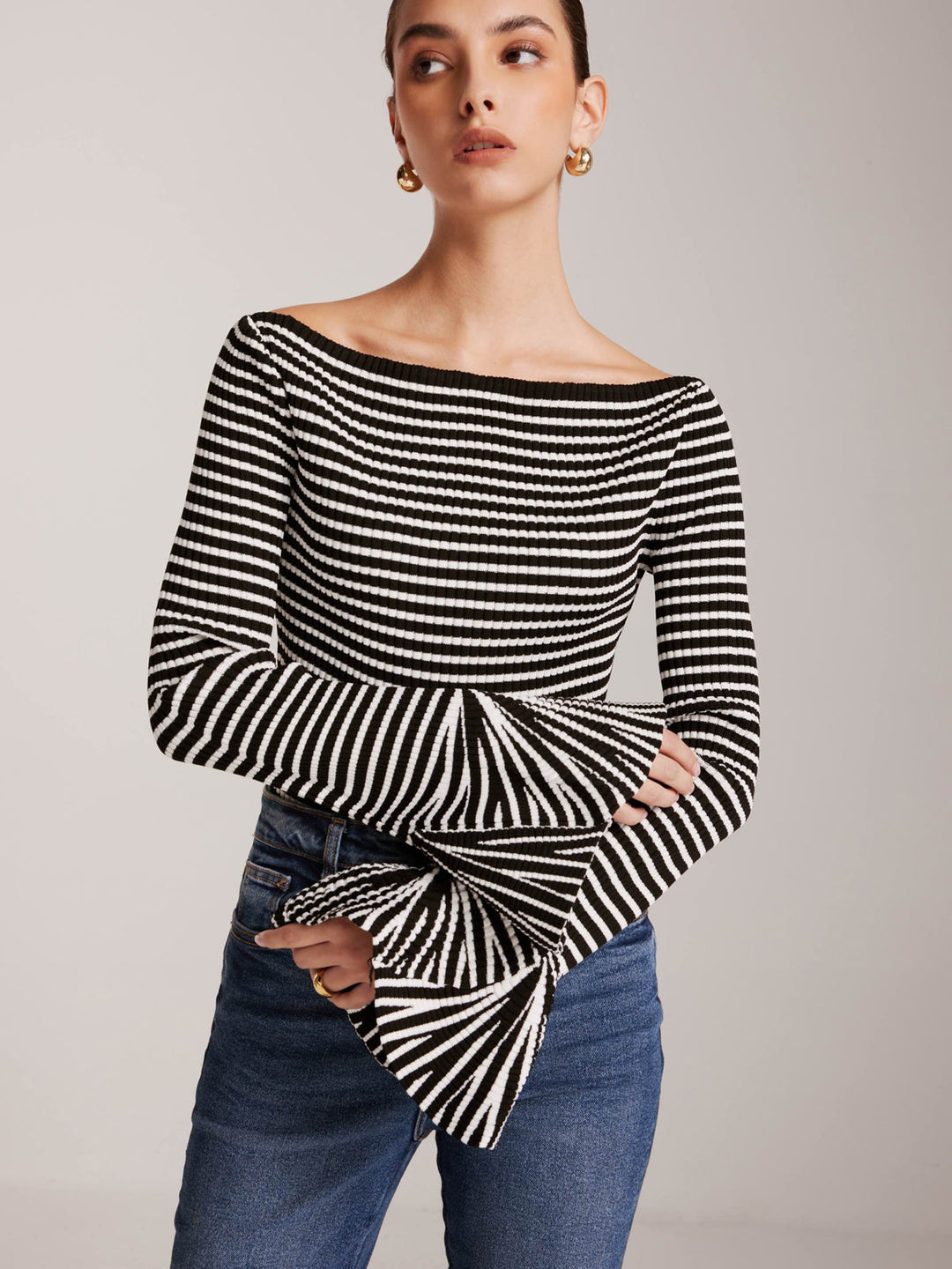 Striped Ruffle-Sleeve Knit Top  Liora Lane Boutique Knit Tops