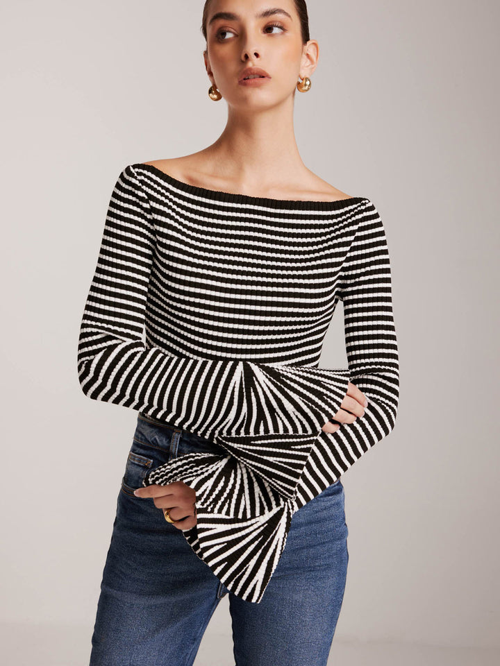 Striped Ruffle-Sleeve Knit Top  Liora Lane Boutique Knit Tops