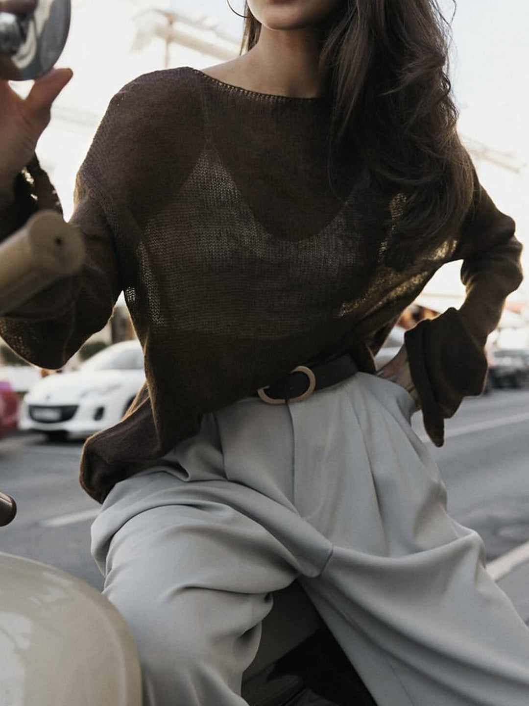 Hollow Draped Snug Knit Top  Liora Lane Boutique Knit Tops Dark Brown / XL 35.00