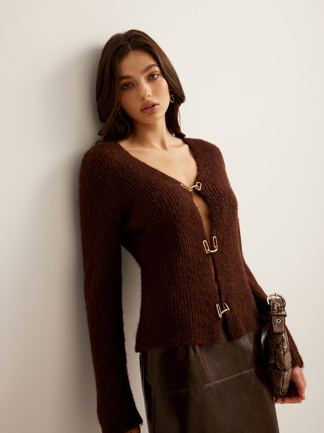 Wool-Blend Cutout Metal-Link Cardigan  Liora Lane Boutique Cardigans Brown / XL 49.00
