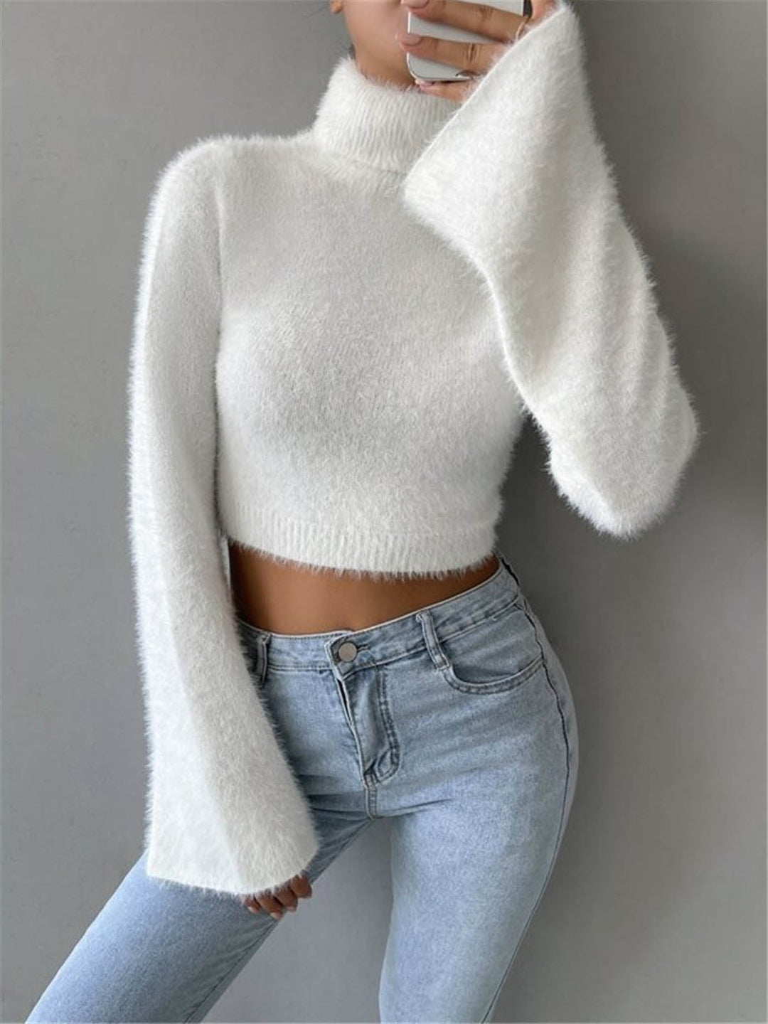 Turtleneck Fuzzy Crop Knit Top  Liora Lane Boutique Knit Tops