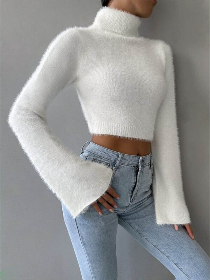 Turtleneck Fuzzy Crop Knit Top  Liora Lane Boutique Knit Tops White / XL 36.00