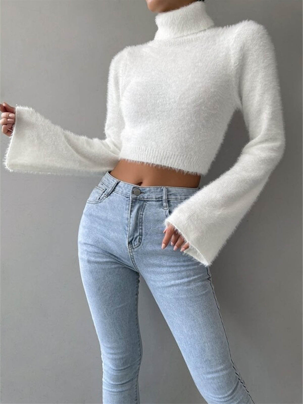 Turtleneck Fuzzy Crop Knit Top  Liora Lane Boutique Knit Tops
