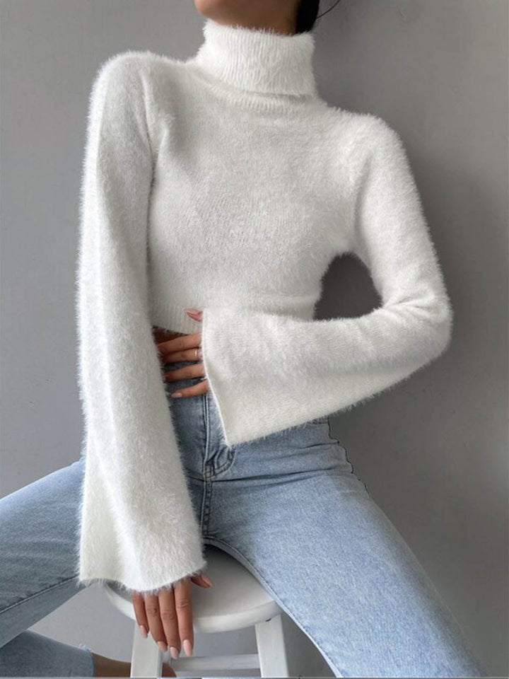 Turtleneck Fuzzy Crop Knit Top  Liora Lane Boutique Knit Tops