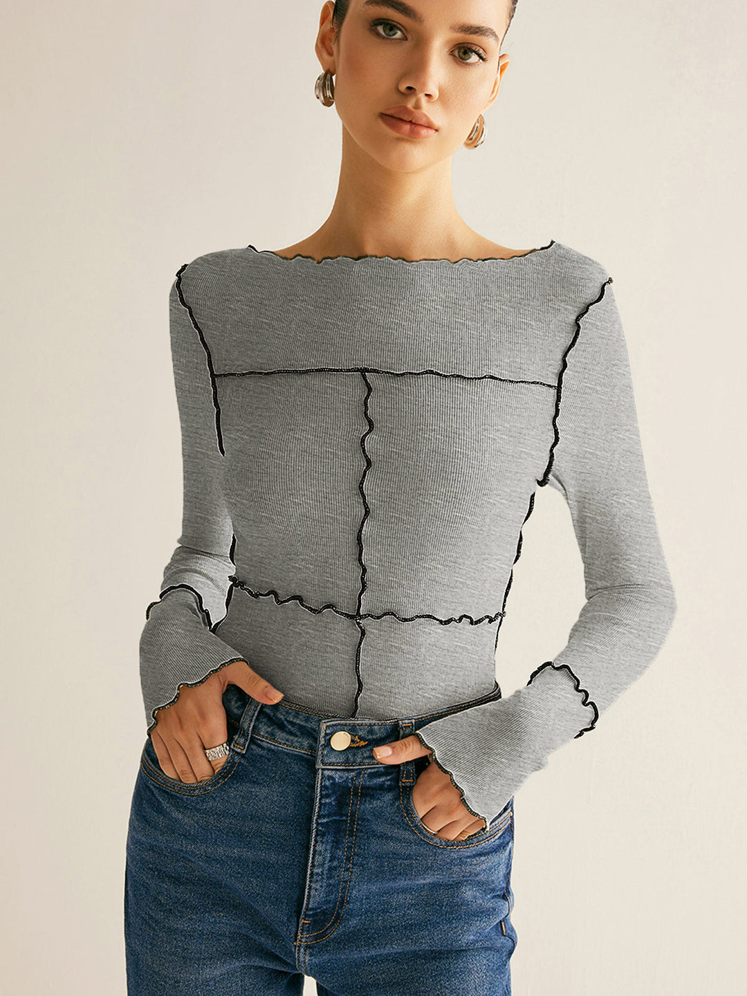 Lettuce Trim Long Sleeve Slim T-Shirt  Liora Lane Boutique T-Shirts Grey / XL 28.00