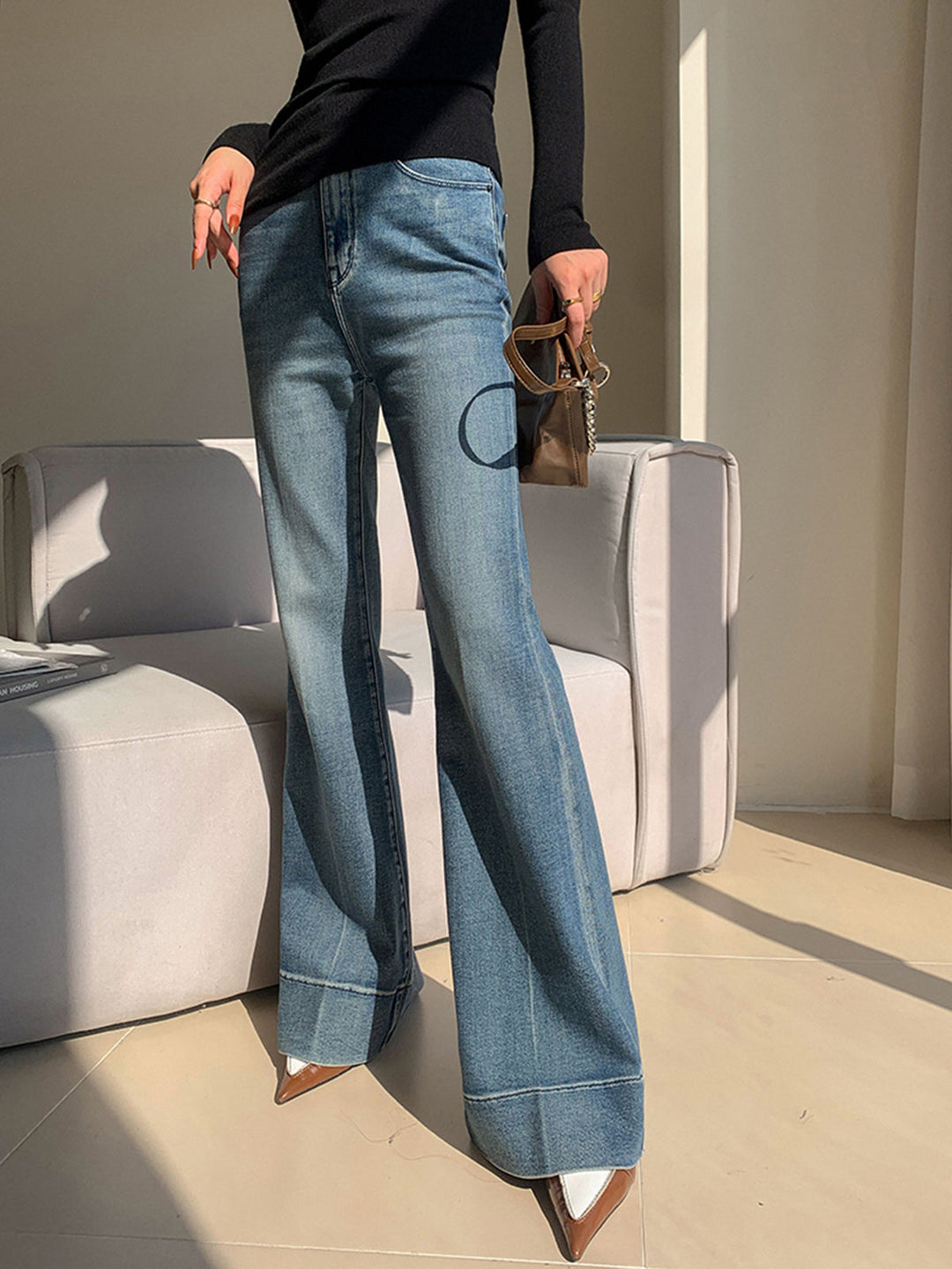 Washed Slim Draped Denim Pants  Liora Lane Boutique Jeans Blue / XL 62.00