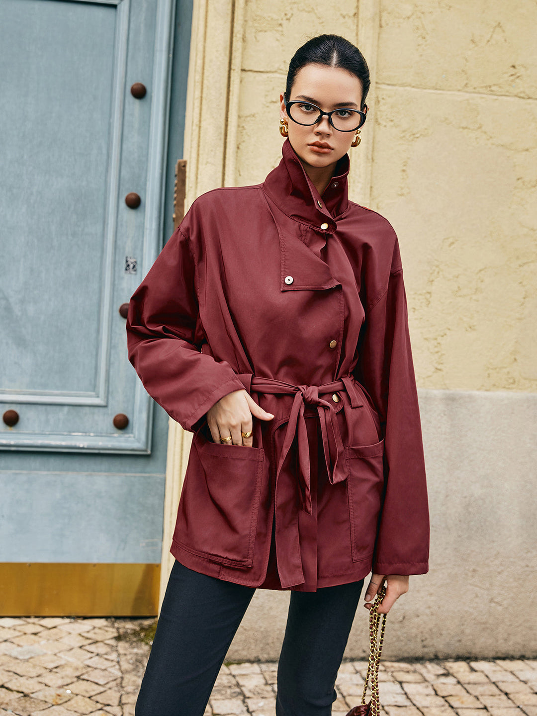 Retro Asymmetrical Belted Trench Coat  Liora Lane Boutique Trench Coats Burgundy / XL 72.00
