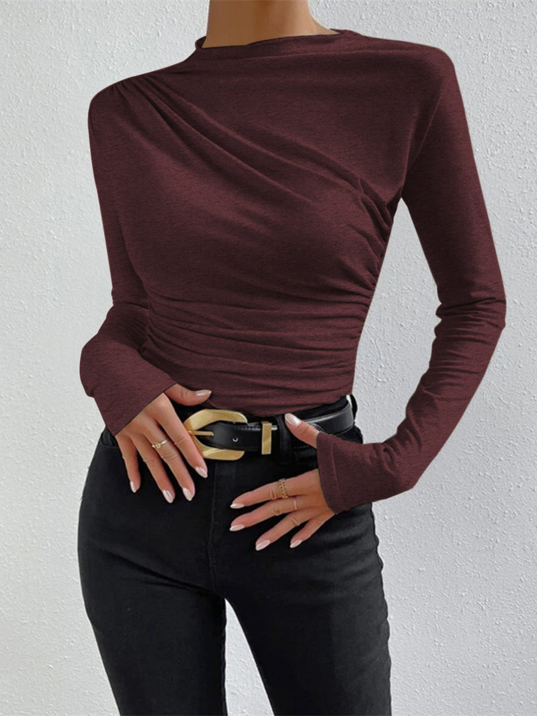 Ruching Long Sleeve Shirt  Liora Lane Boutique T-Shirts Burgundy / XL 22.00