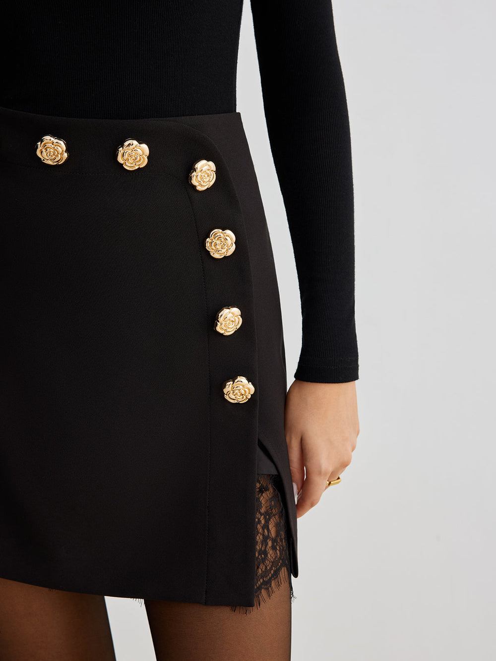 Lace Trim Metal-Flower Zipper Skirt  Liora Lane Boutique Skirts