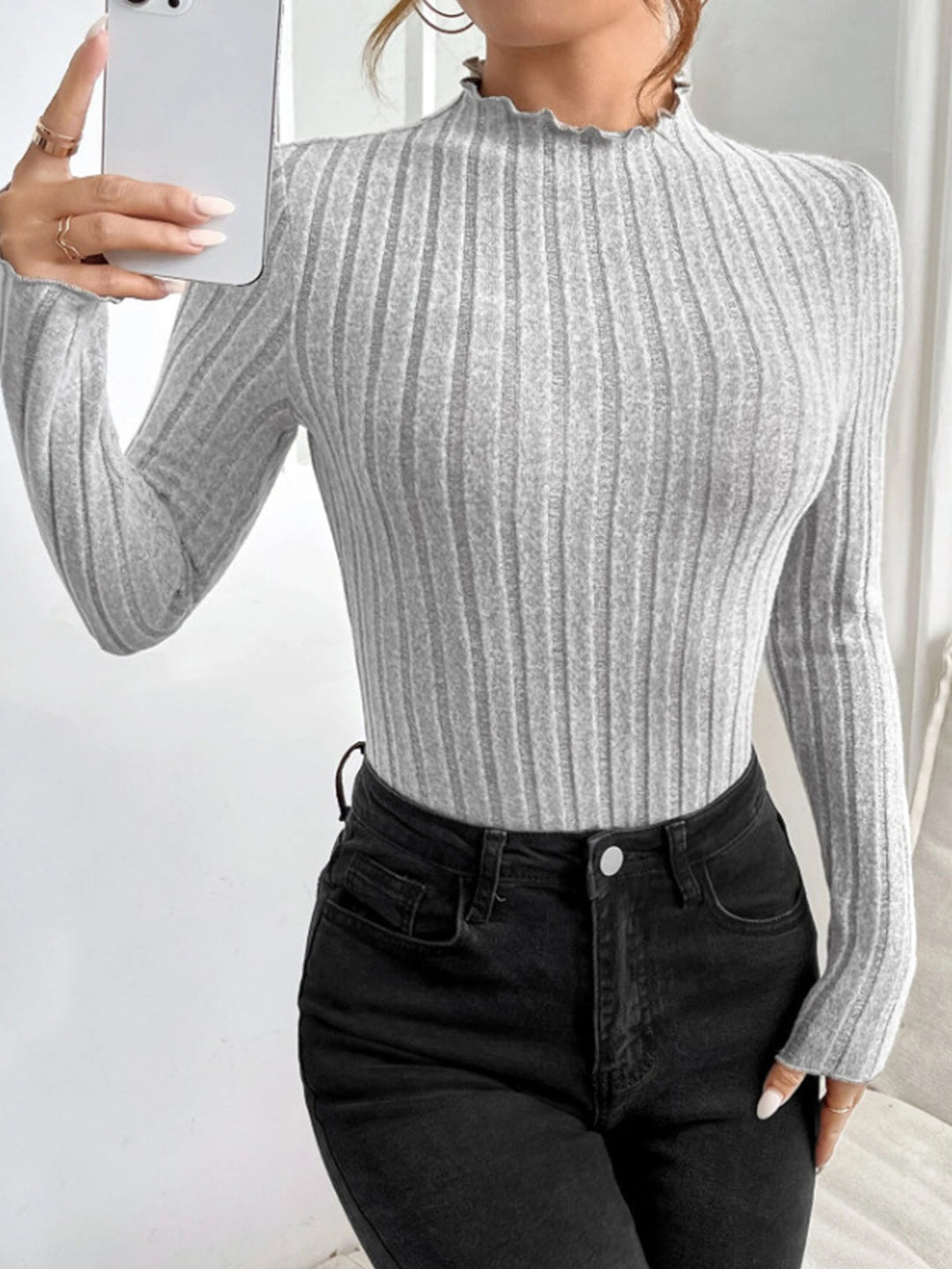 Ribbed Lettuce Trim Slim Bodysuit  Liora Lane Boutique Bodysuits Grey / XL 24.00