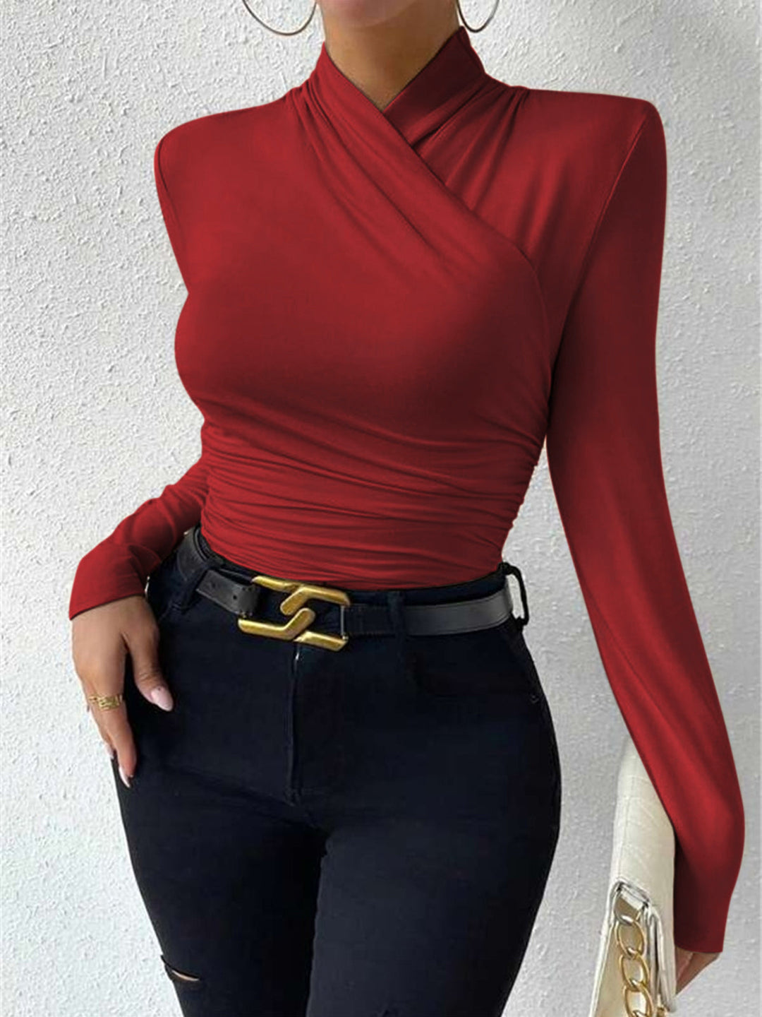 Cross-Over Collar Pleated Cinched T-Shirt  Liora Lane Boutique T-Shirts Red / XL 29.00