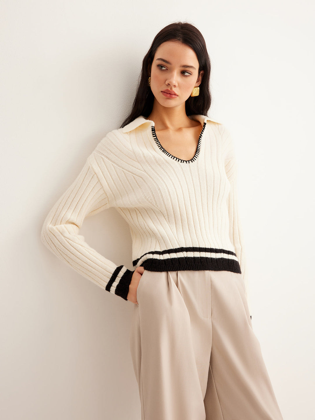 Embroidered Contrast Trim Cozy Sweater  Liora Lane Boutique Sweaters