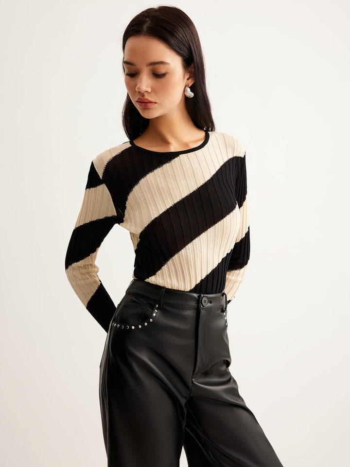 Asymmetrical Striped Slim Knit Top  Liora Lane Boutique Knit Tops