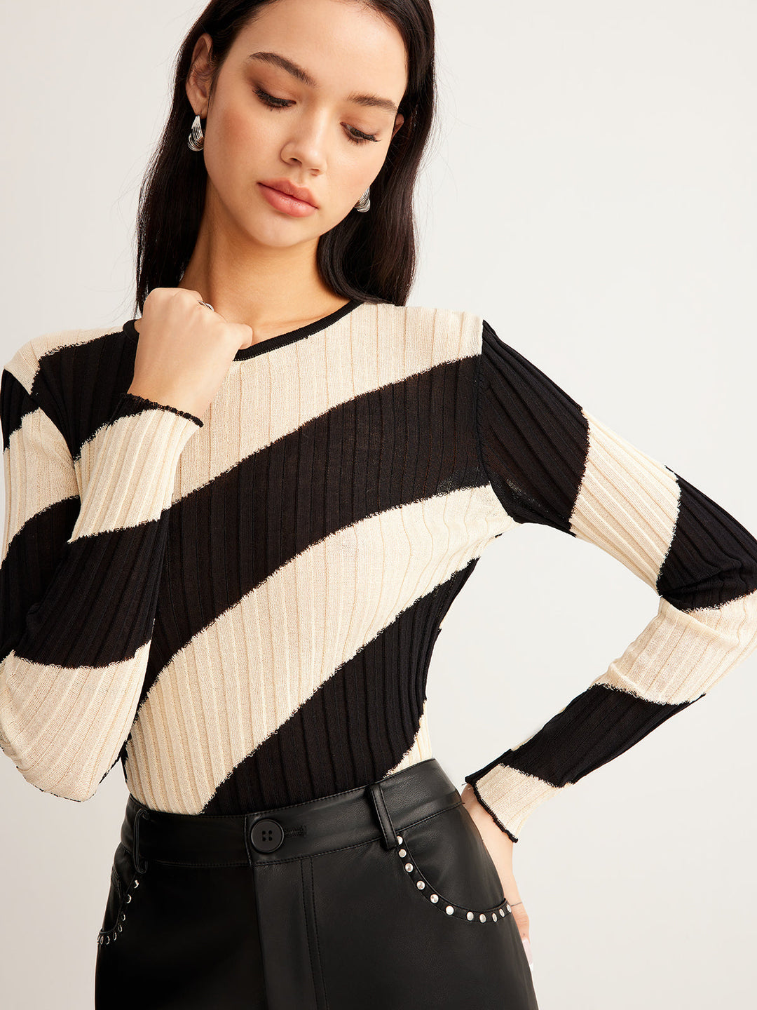 Asymmetrical Striped Slim Knit Top  Liora Lane Boutique Knit Tops