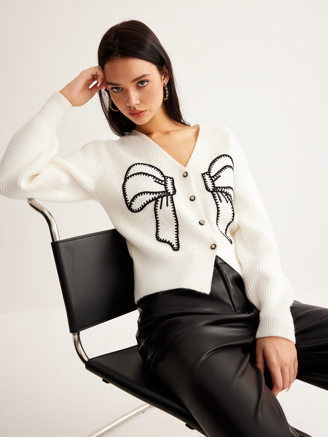 Embroidery-Bow Button Short Cardigan  Liora Lane Boutique Cardigans