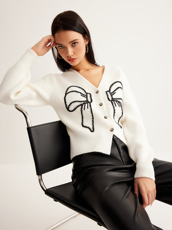 Embroidery-Bow Button Short Cardigan  Liora Lane Boutique Cardigans