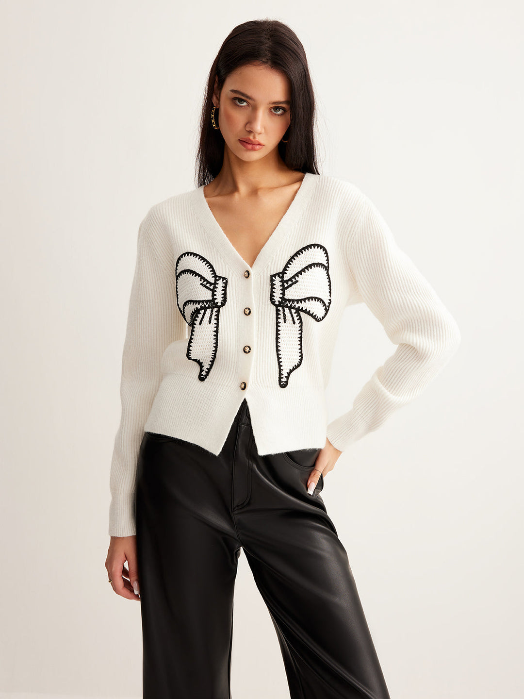 Embroidery-Bow Button Short Cardigan  Liora Lane Boutique Cardigans White / XL 45.00