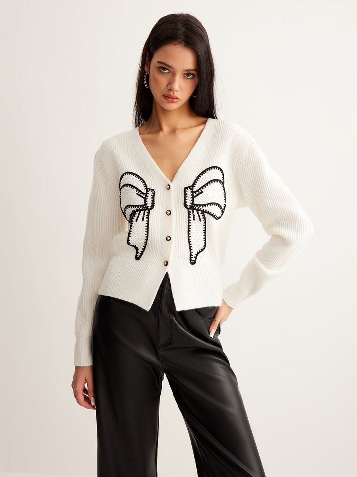 Embroidery-Bow Button Short Cardigan  Liora Lane Boutique Cardigans White / XL 84.99