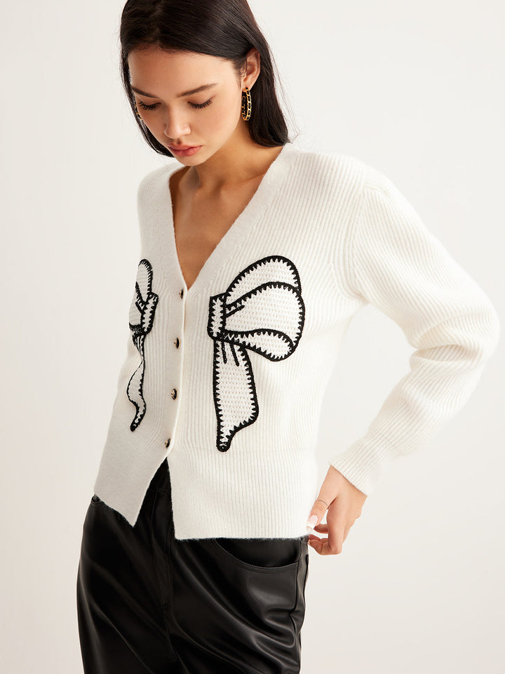 Embroidery-Bow Button Short Cardigan  Liora Lane Boutique Cardigans