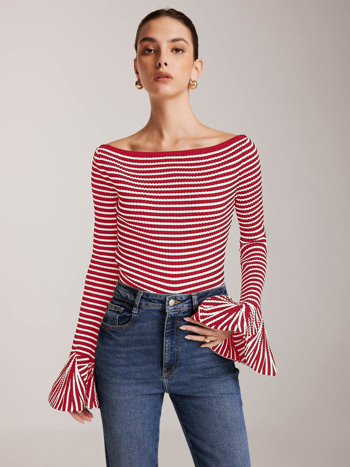 Striped Ruffle-Sleeve Knit Top  Liora Lane Boutique Knit Tops Red / XL 52.00