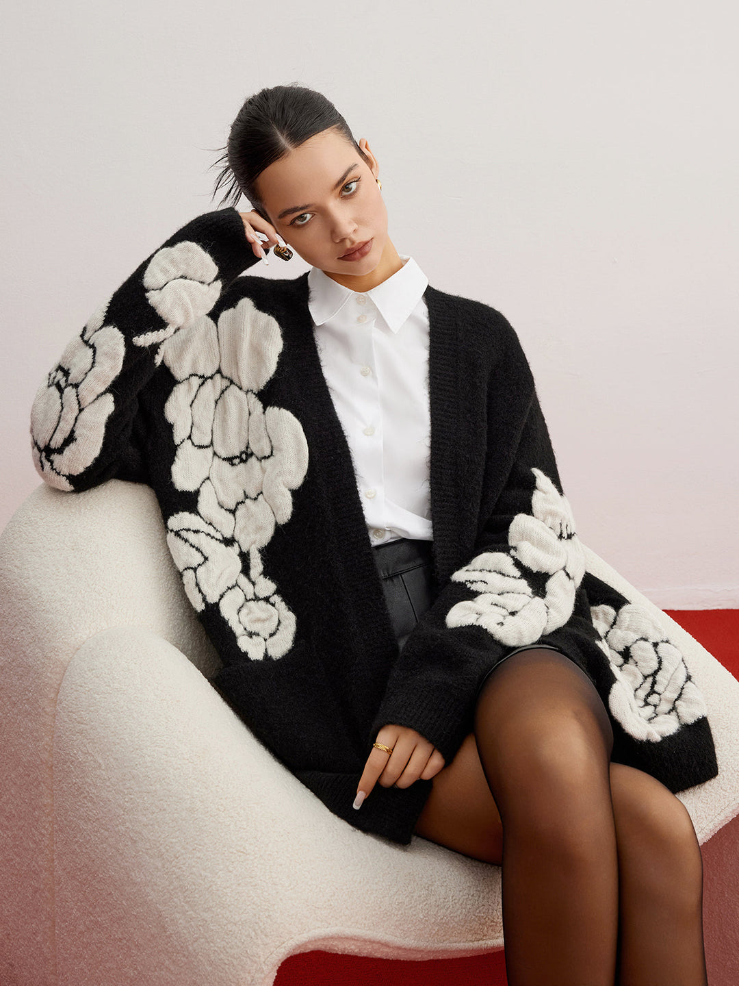 Wool-Blend Knit-Floral Cardigan  Liora Lane Boutique Cardigans Black / XL 76.00
