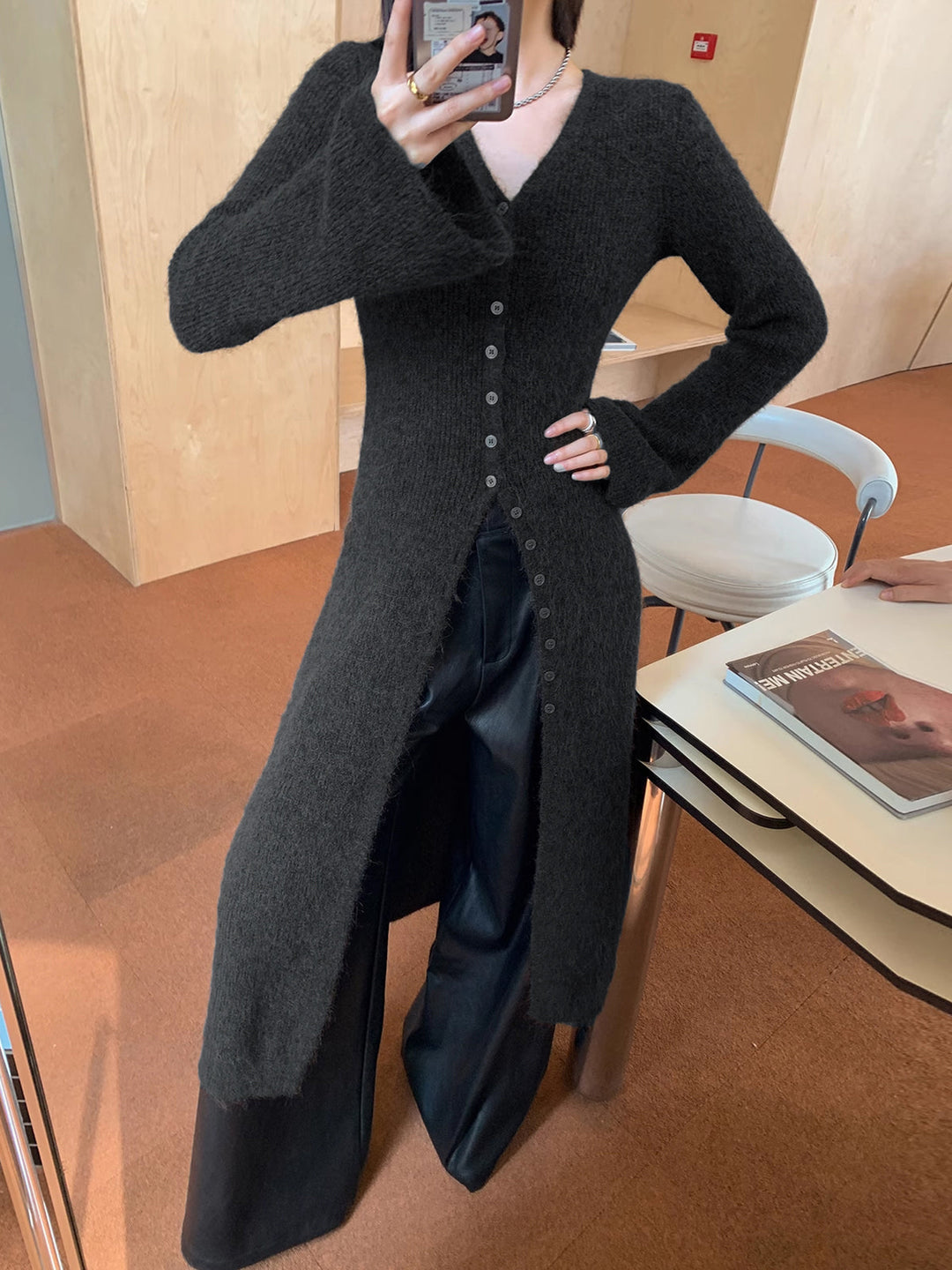 Stacking V-Neck Split Breasted Sweater Dress  Liora Lane Boutique Sweater Dresses Grey / XL 157.99