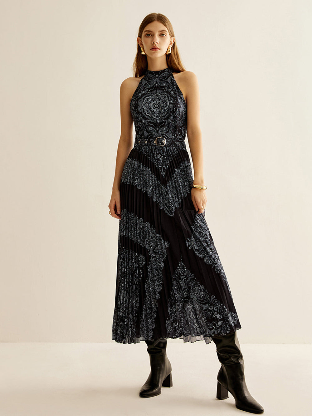 Boheme Sleeveless Pleated Dress With Belt  Liora Lane Boutique Dresses