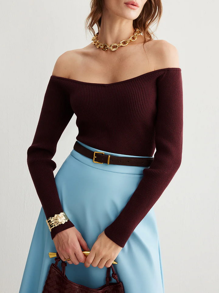 Cold-Shoulder Skinny Sweater  Liora Lane Boutique Sweaters Burgundy / XL 97.99