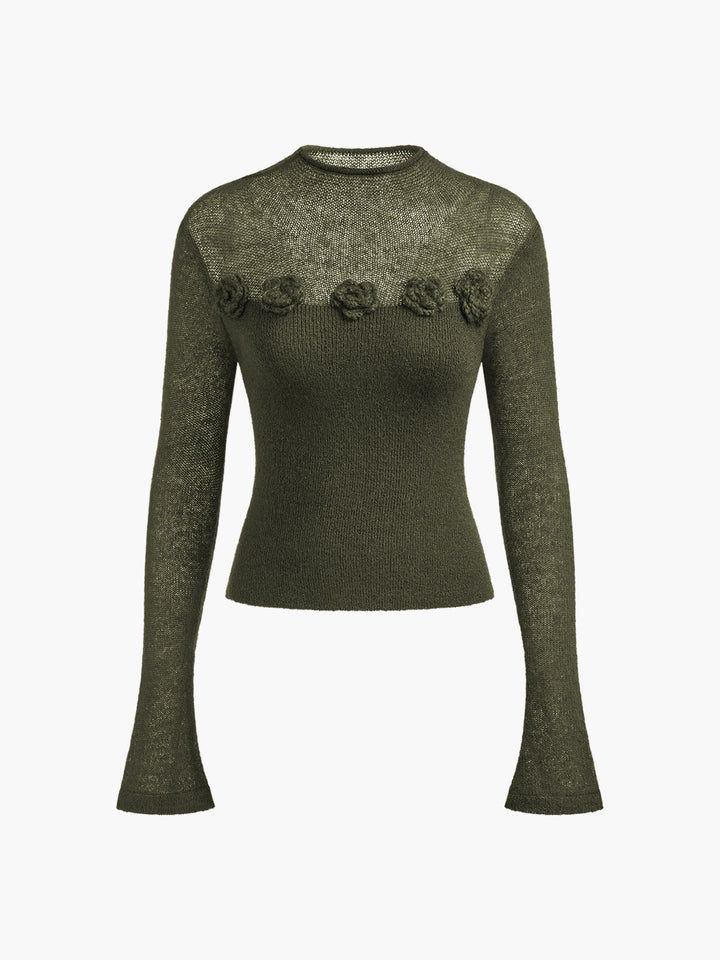 3D Flower Panel Soft Knit Top  Liora Lane Boutique Knit Tops ArmyGreen / XL 42.00