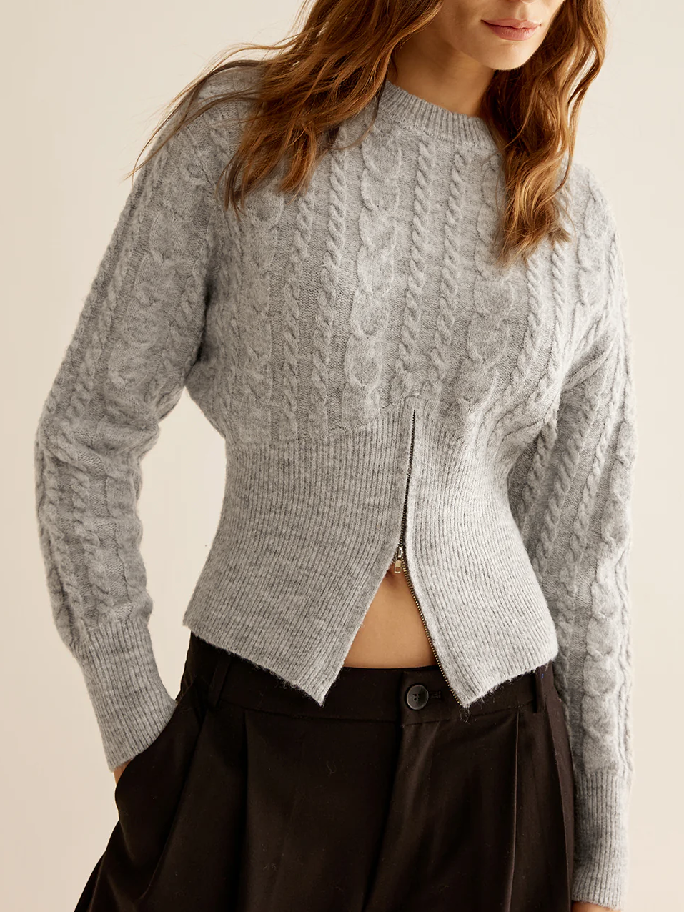 Crew Neck Zipper Design Sweater  Liora Lane Boutique Sweaters Light Grey / XL 38.00