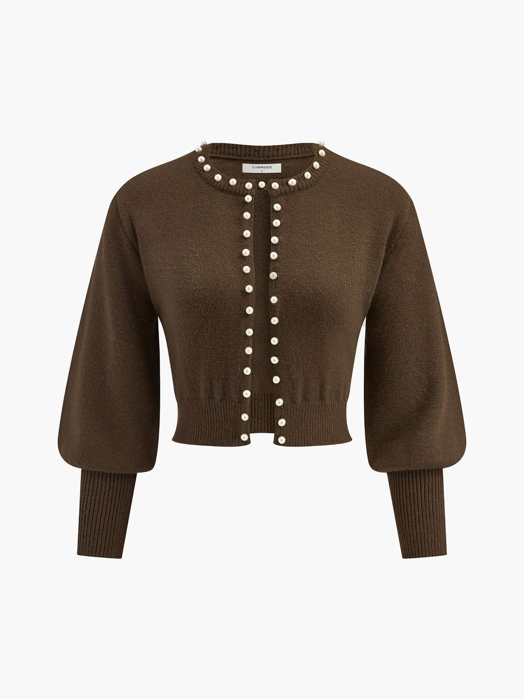 Pearl Trim Lantern Sleeve Knit Top  Liora Lane Boutique Knit Tops Brown / XL 39.00