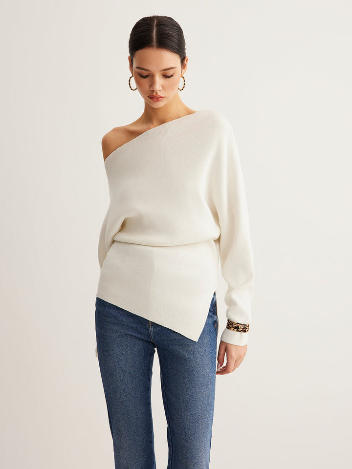 Wool-Blend Asymmetrical Neck Knit Top  Liora Lane Boutique Knit Tops White / XL 49.00