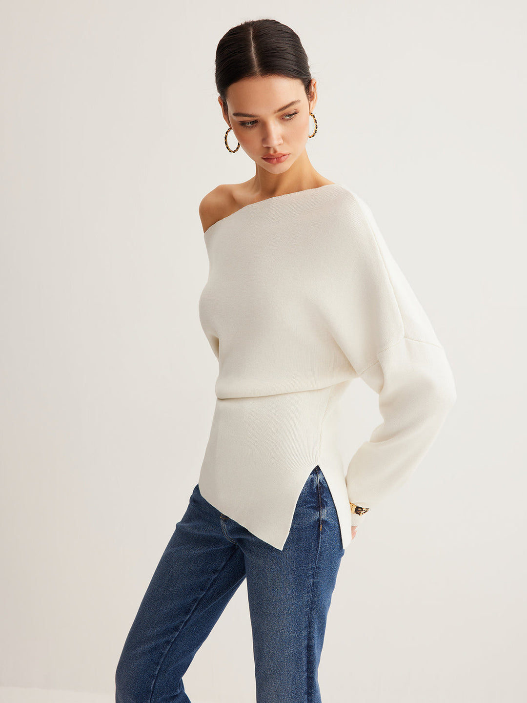 Wool-Blend Asymmetrical Neck Knit Top  Liora Lane Boutique Knit Tops