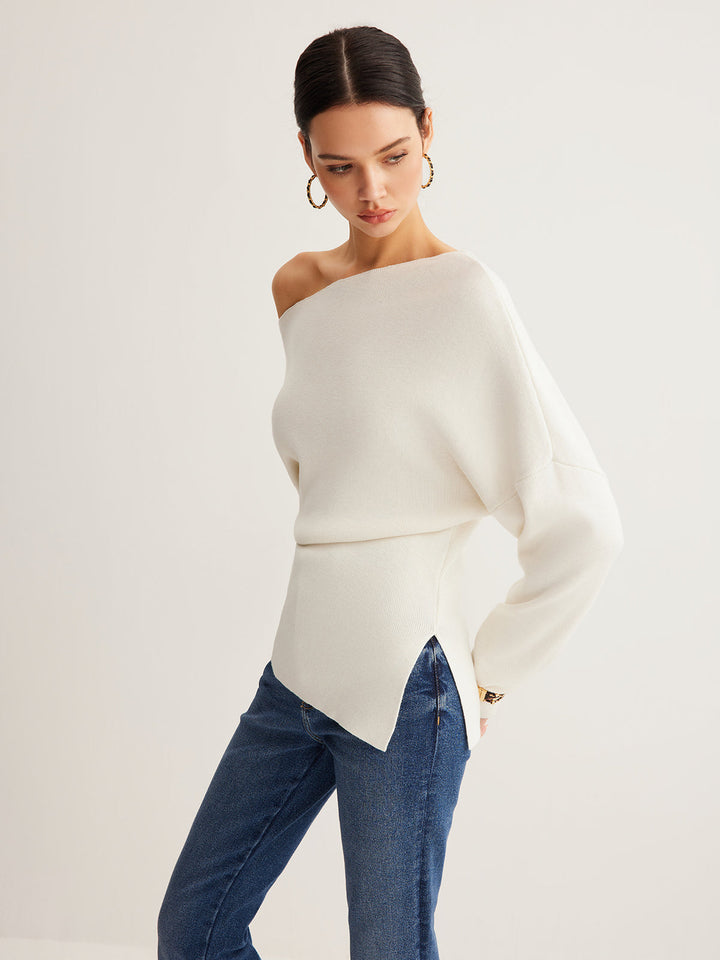 Wool-Blend Asymmetrical Neck Knit Top  Liora Lane Boutique Knit Tops