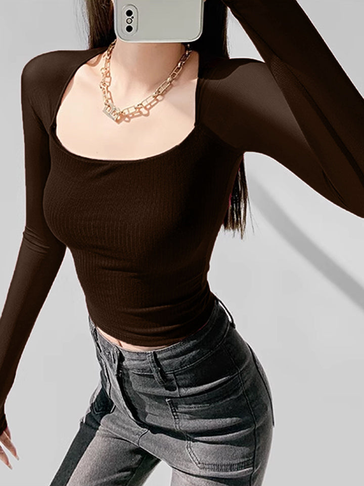 Square Neck Sheer Panel Crop T-Shirt  Liora Lane Boutique T-Shirts Brown / XL 22.00