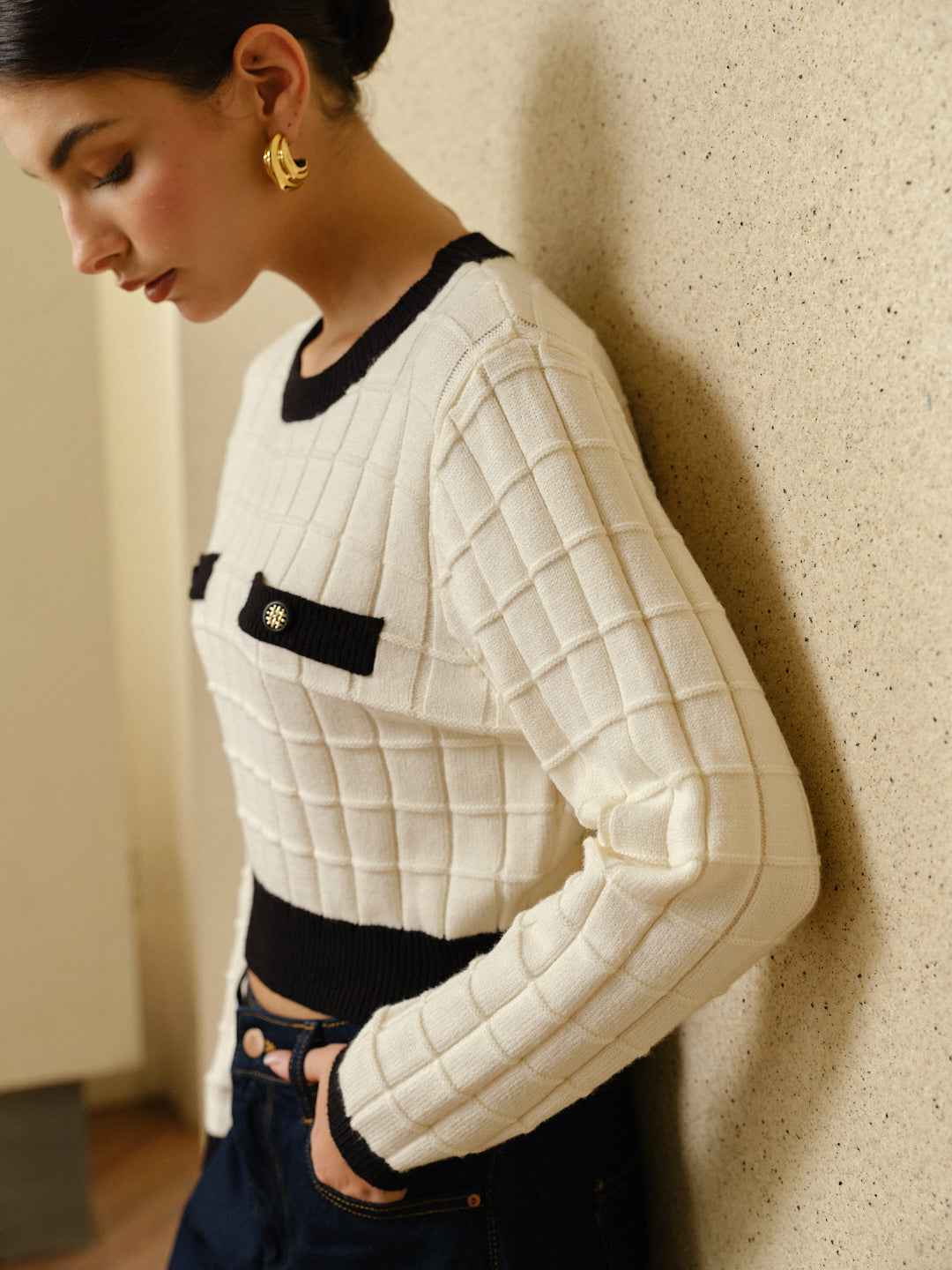 Contrast Trim Plaid Pullover Sweater  Liora Lane Boutique Sweaters