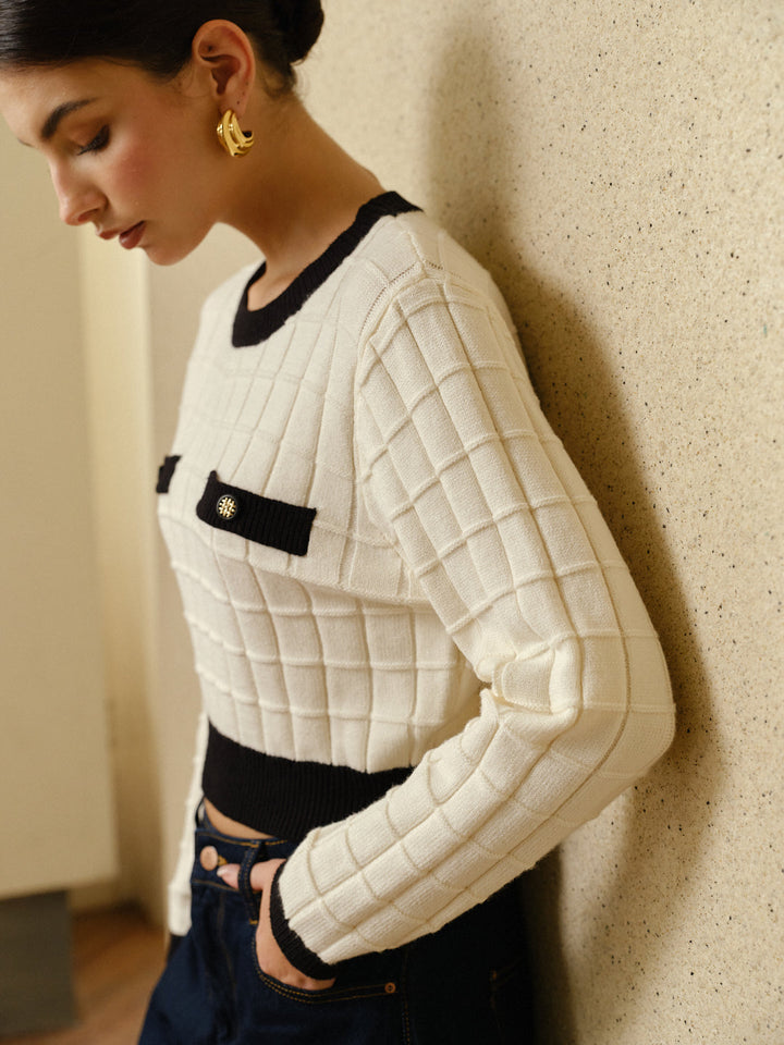 Contrast Trim Plaid Pullover Sweater  Liora Lane Boutique Sweaters