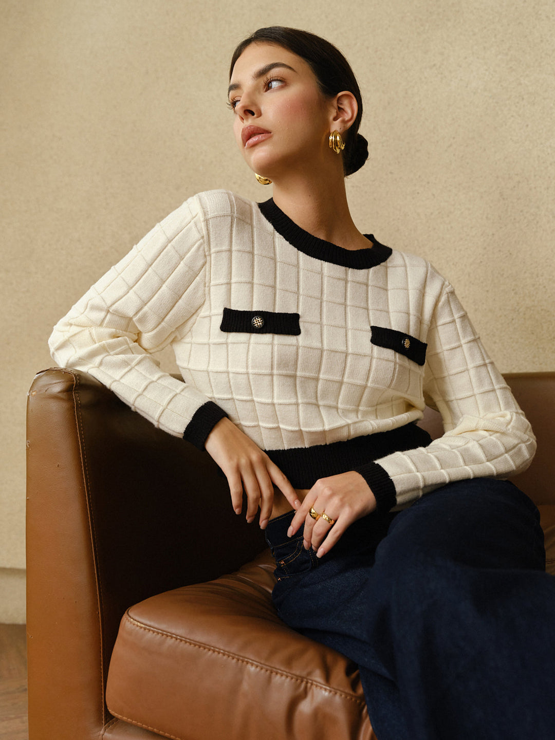 Contrast Trim Plaid Pullover Sweater  Liora Lane Boutique Sweaters BlackandWhite / XL 93.99