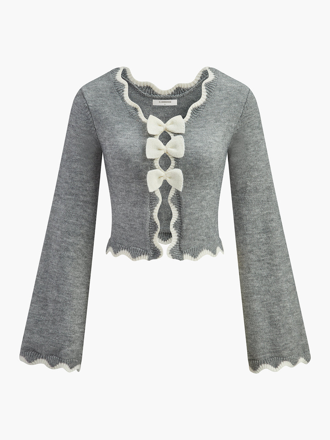 Contrast Wave Trim Bow Sweater  Liora Lane Boutique Sweaters Light Grey / XL 34.00