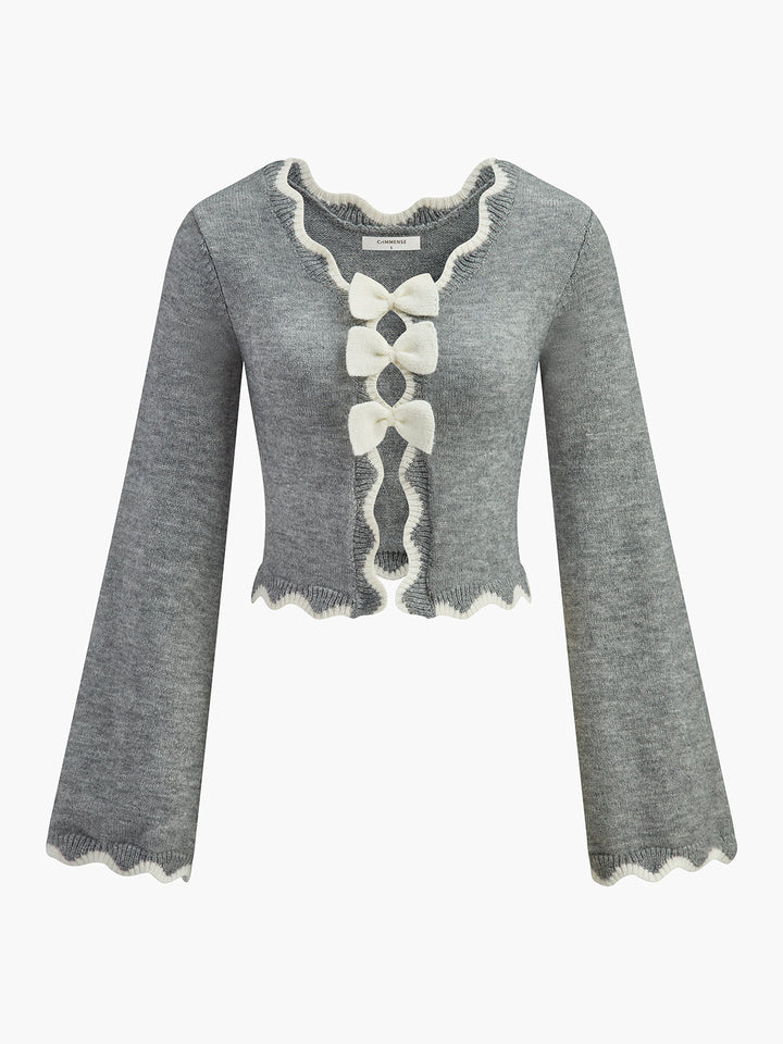 Contrast Wave Trim Bow Sweater  Liora Lane Boutique Sweaters Light Grey / XL 34.00