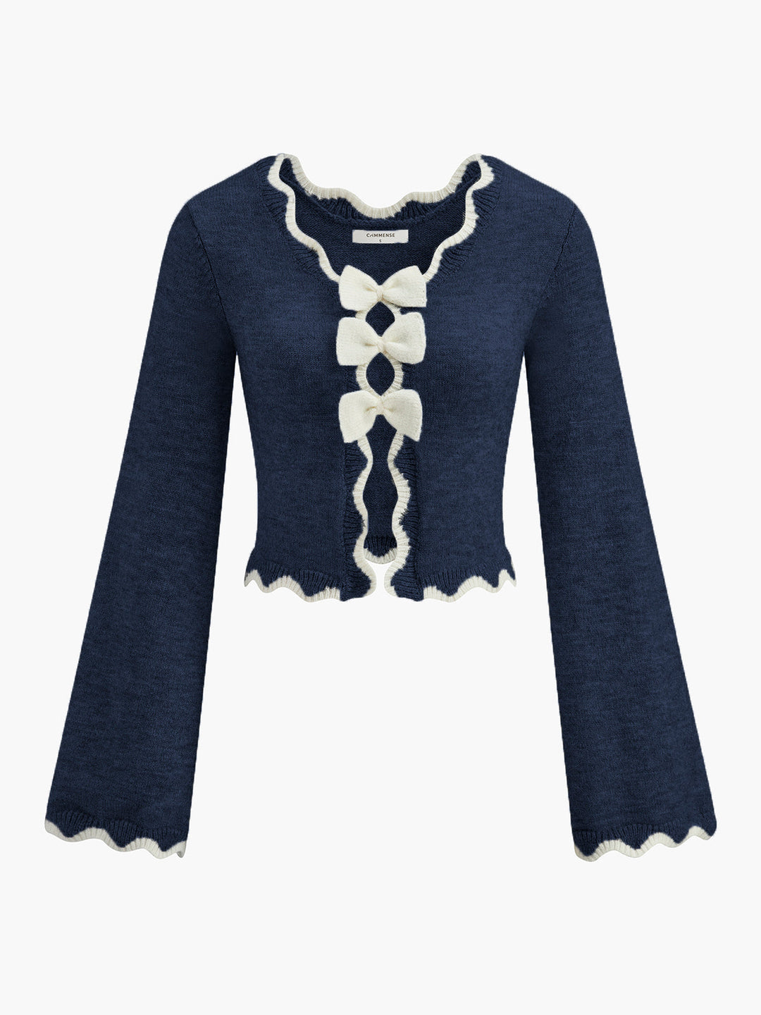 Contrast Wave Trim Bow Sweater  Liora Lane Boutique Sweaters Navy / XL 34.00