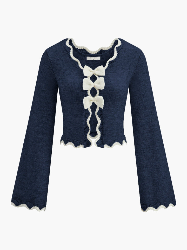 Contrast Wave Trim Bow Sweater  Liora Lane Boutique Sweaters Navy / XL 34.00
