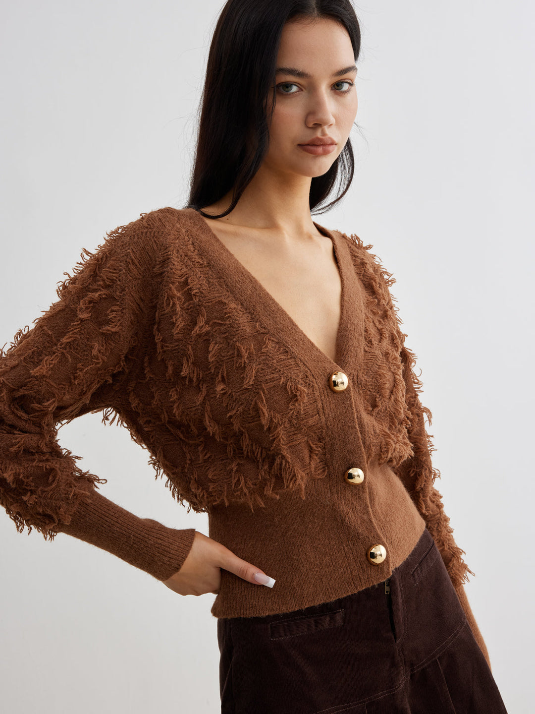 Raw Hem Button Cinched Cardigan  Liora Lane Boutique Cardigans Brown / XL 84.99